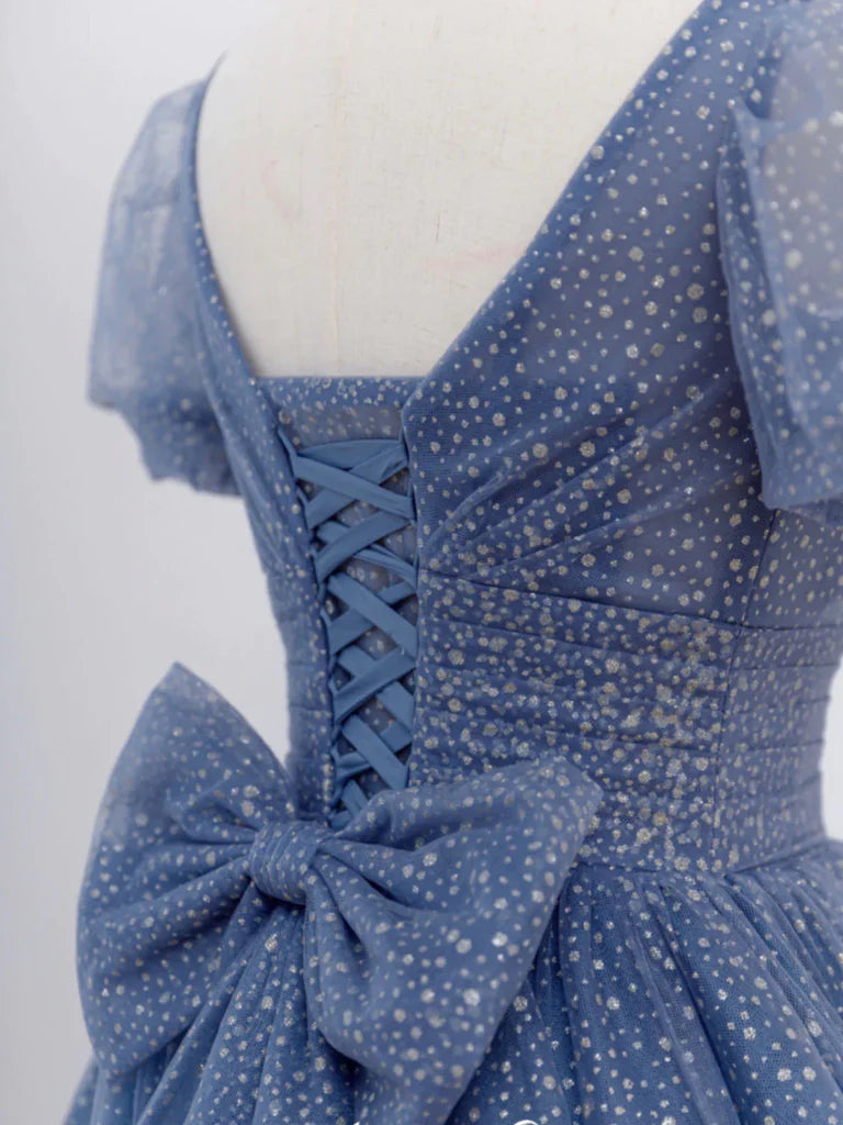 Back view of the long tulle prom dress.