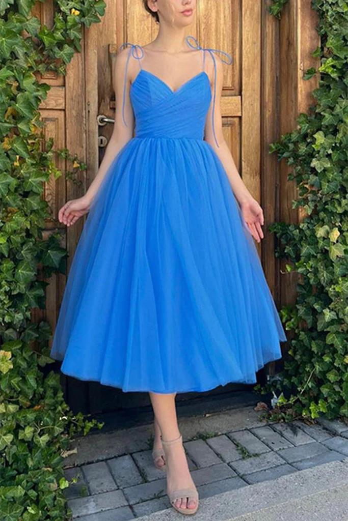 Elegant A-line V-neck tulle prom dress, front view.