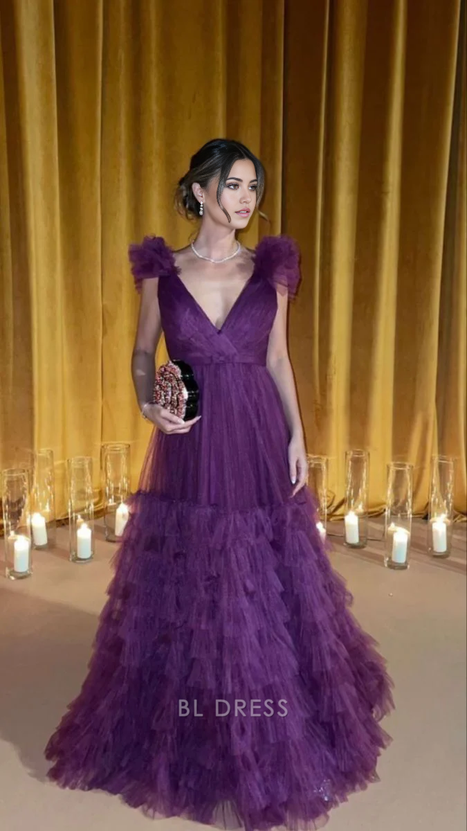 Purple A-line V-neck formal dress with layered tulle ruffles.