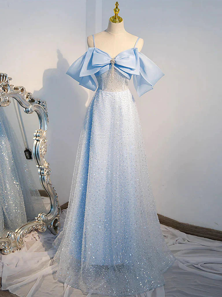 Elegant A-line V-neck prom dress with sequin bodice and flowing tulle skirt.