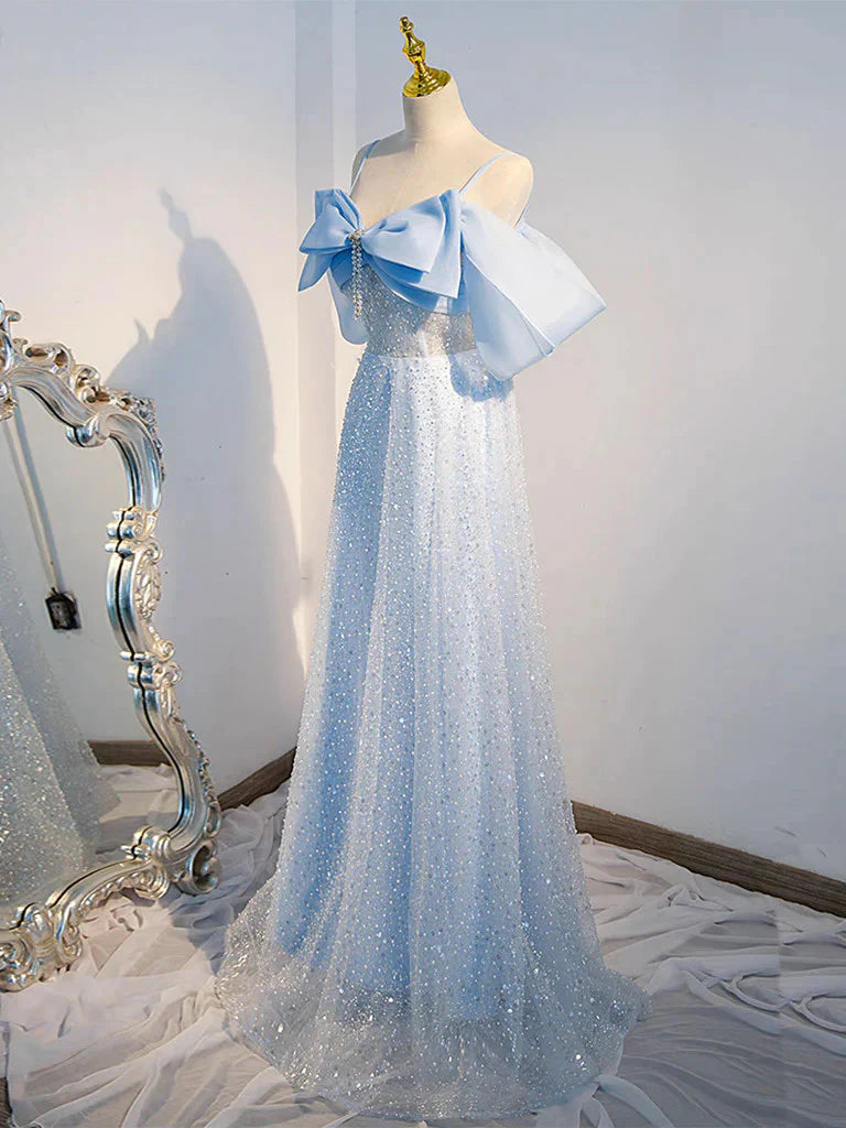 Back view of a shimmering V-neck A-line prom dress with sequin details.