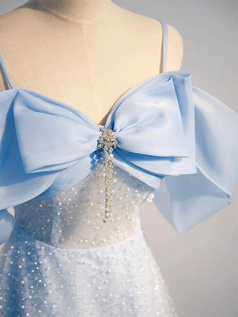 Close-up of the sequin embellishments on an A-line tulle prom dress.