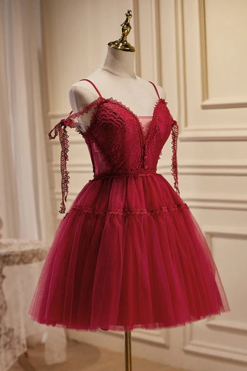 Detail of the delicate tulle fabric on the short homecoming dress.