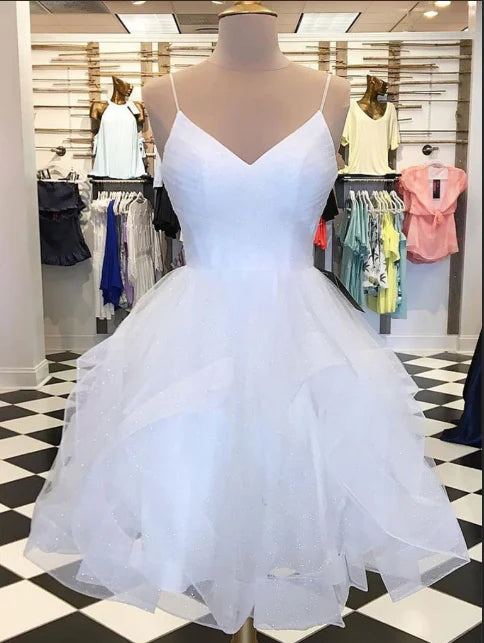 Light blue V-neck short tulle A-line dress for formal events.