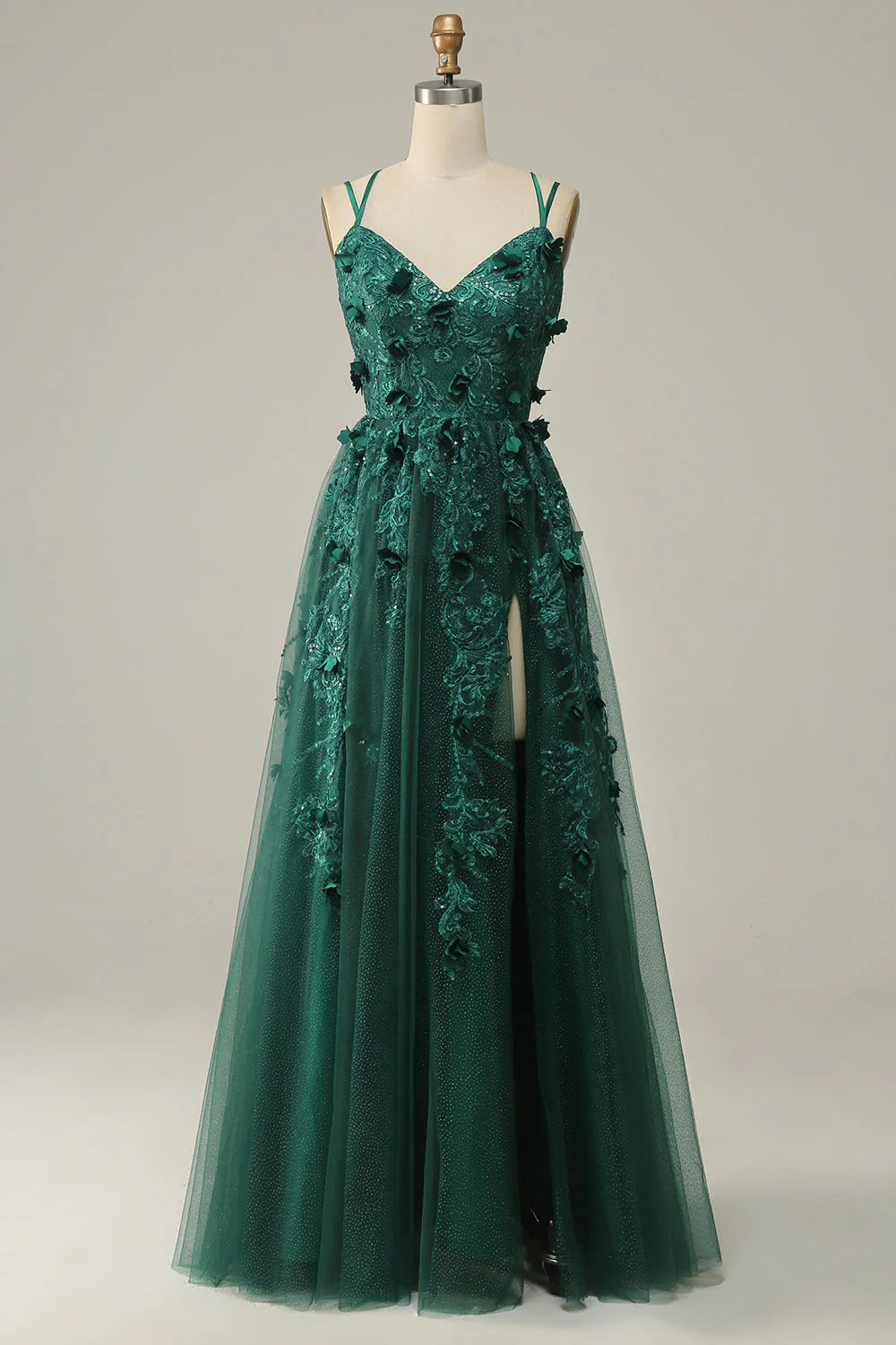 Elegant dark green A-line tulle prom dress with V-neck and high slit.