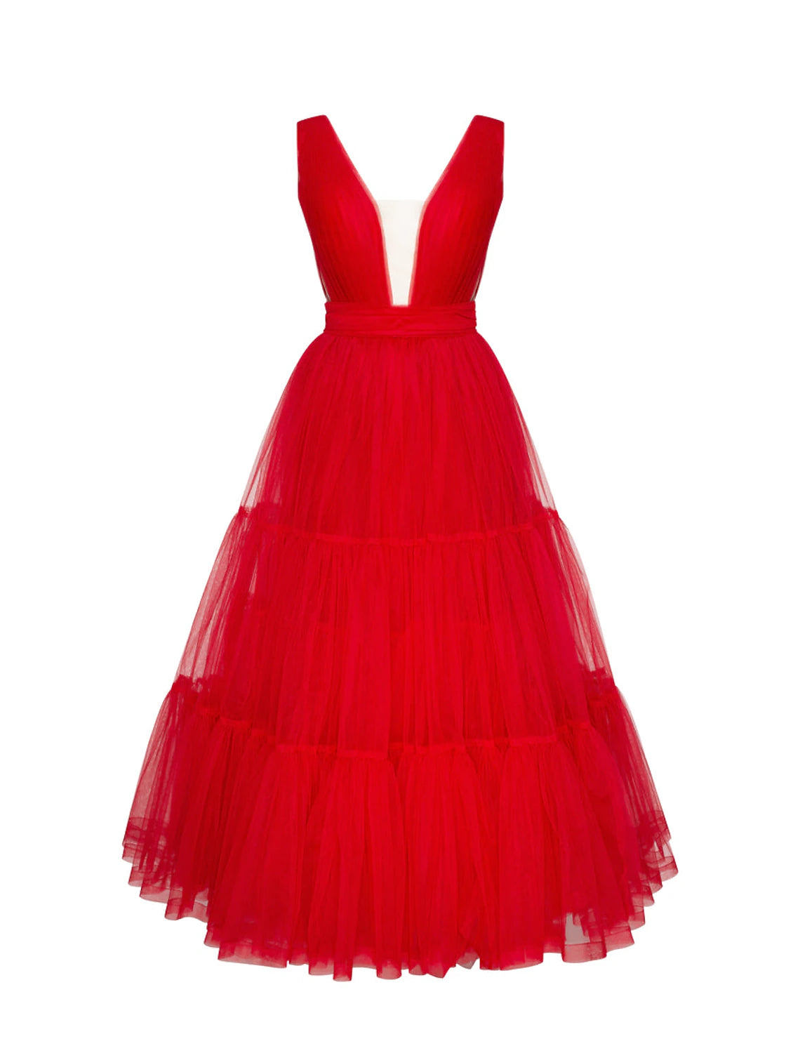Elegant A-line V-neck tulle tea length dress with bows and pleats, front view.
