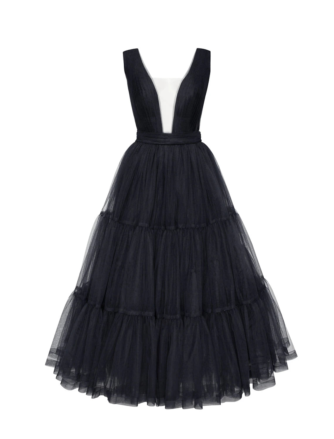 Back view of the A-line V-neck tulle tea length dress, showing bow detail.
