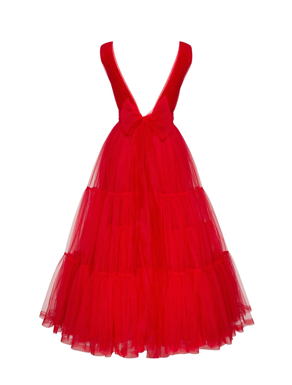 Side view of the A-line V-neck tulle tea length dress, highlighting the silhouette.