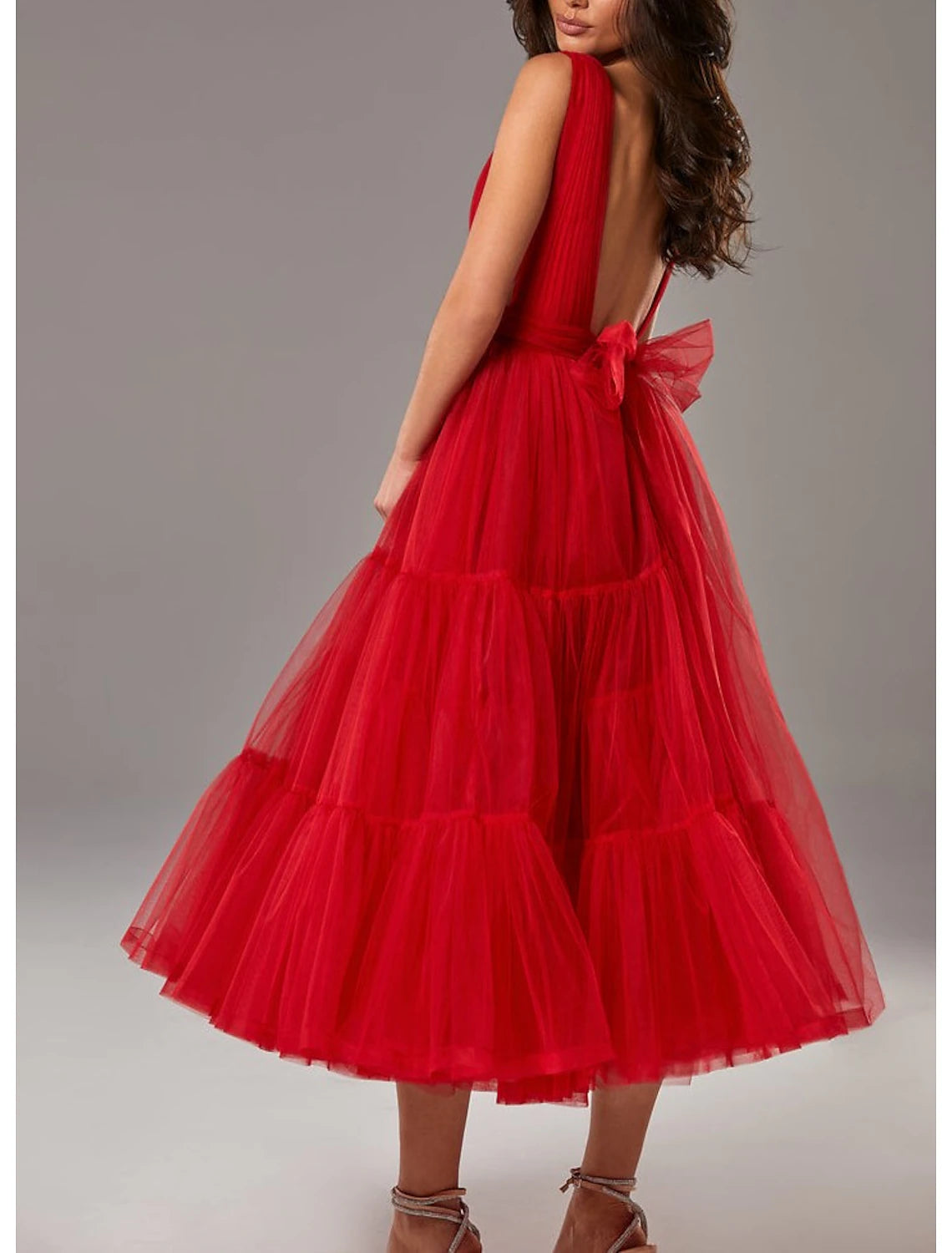 Full length view of the A-line V-neck tulle dress, suitable for formal events.