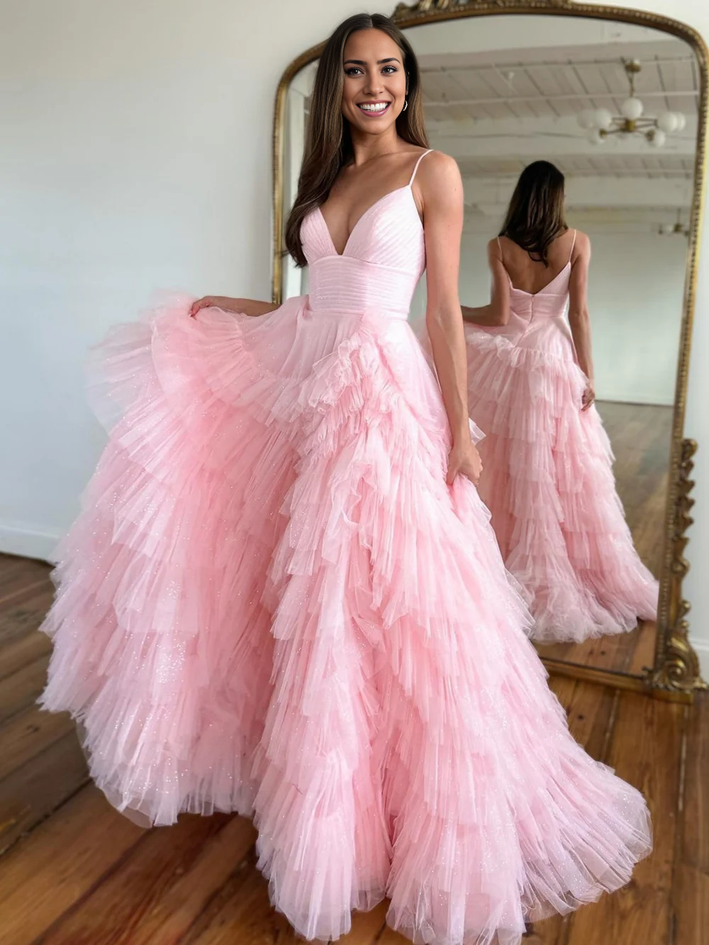 Close-up of the tiered tulle fabric on the A-line prom dress.