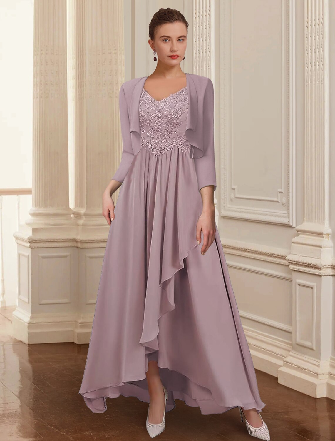 Front view of an elegant A-line two-piece Mother of the Bride dress featuring a V-neck, lace, and appliques.