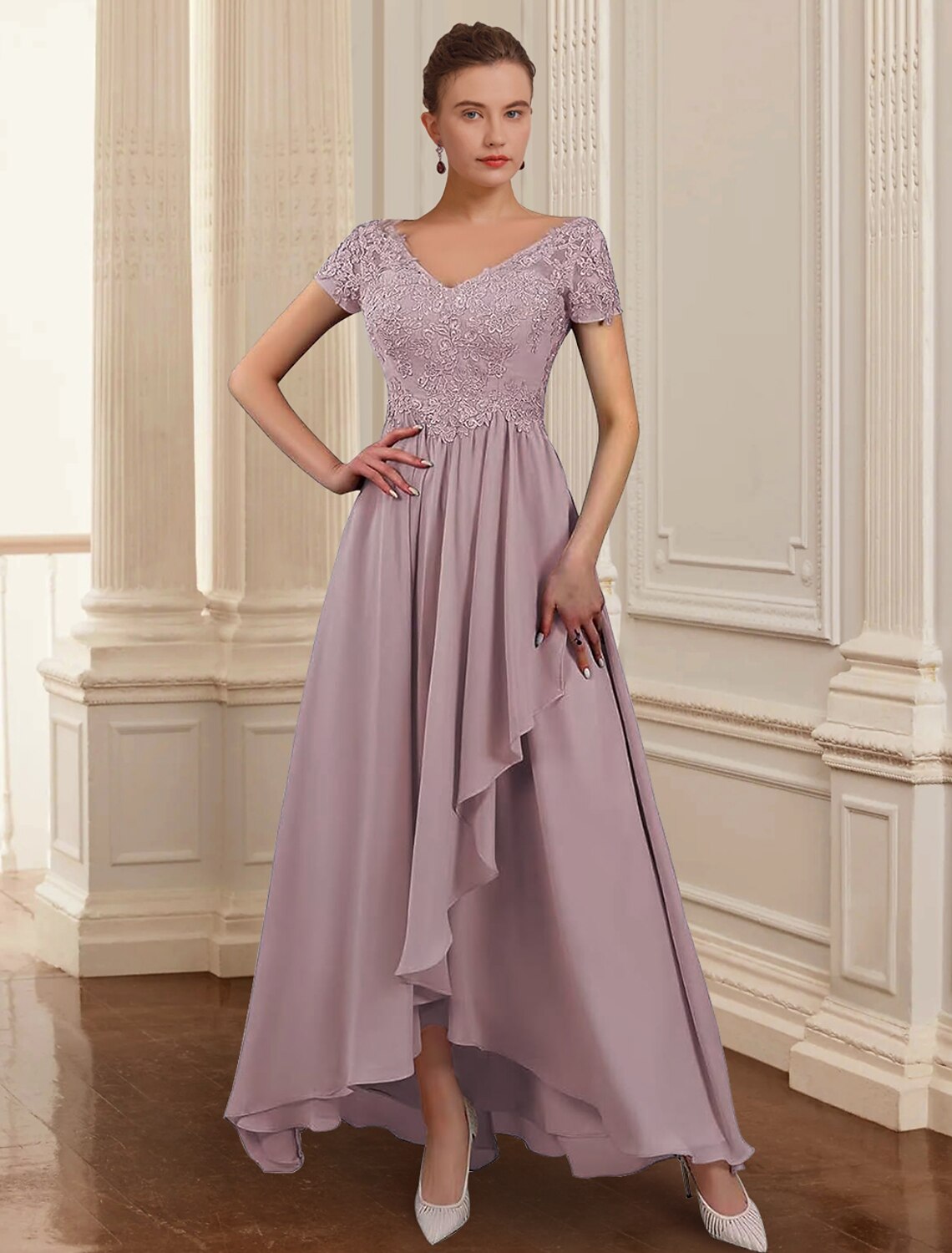 Side view of the formal high-low A-line dress, showcasing the 3/4 sleeve jacket and ankle length.