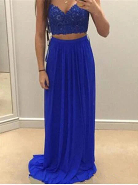 Elegant two-piece lace A-line dress with V-neck, suitable for prom or bridesmaid events.