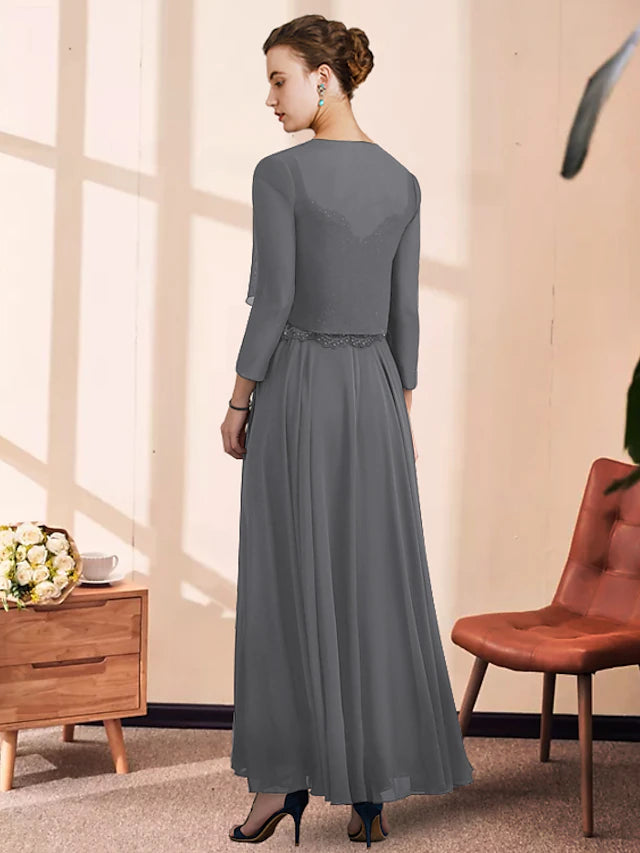 Back view of the A-line Mother of the Bride dress showing pleated chiffon skirt.