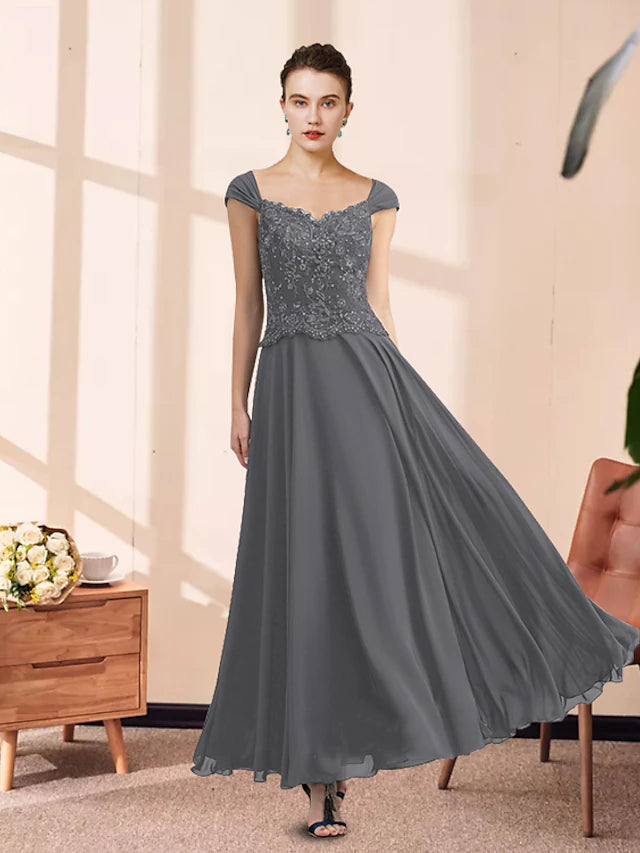 Side view of the two-piece Mother of the Bride dress with sleeveless top.