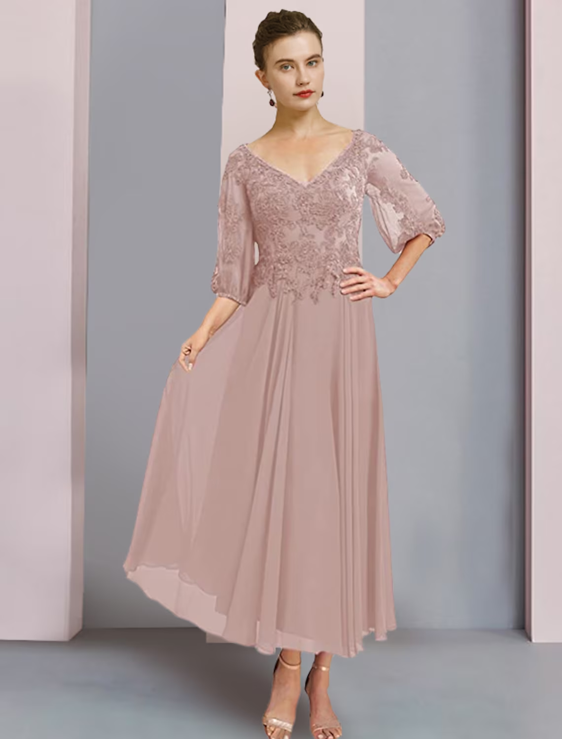 Close-up of the chiffon and lace details on the two-piece formal wedding guest dress.