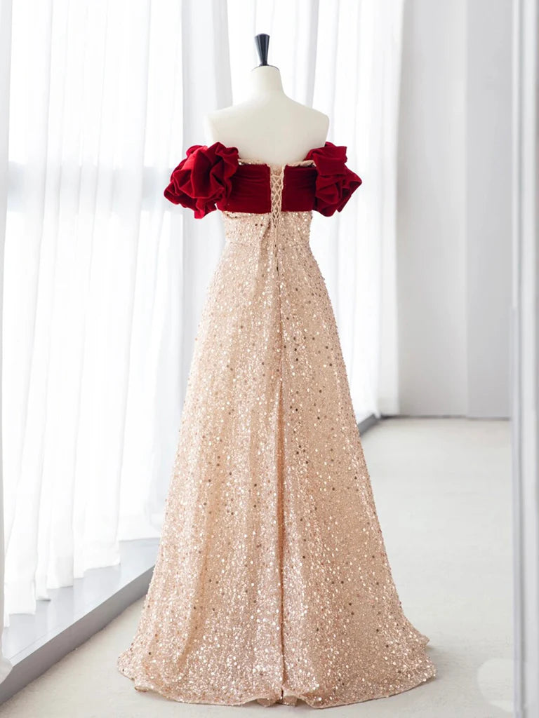 Full length view of a woman wearing a luxurious velvet A-line formal dress.