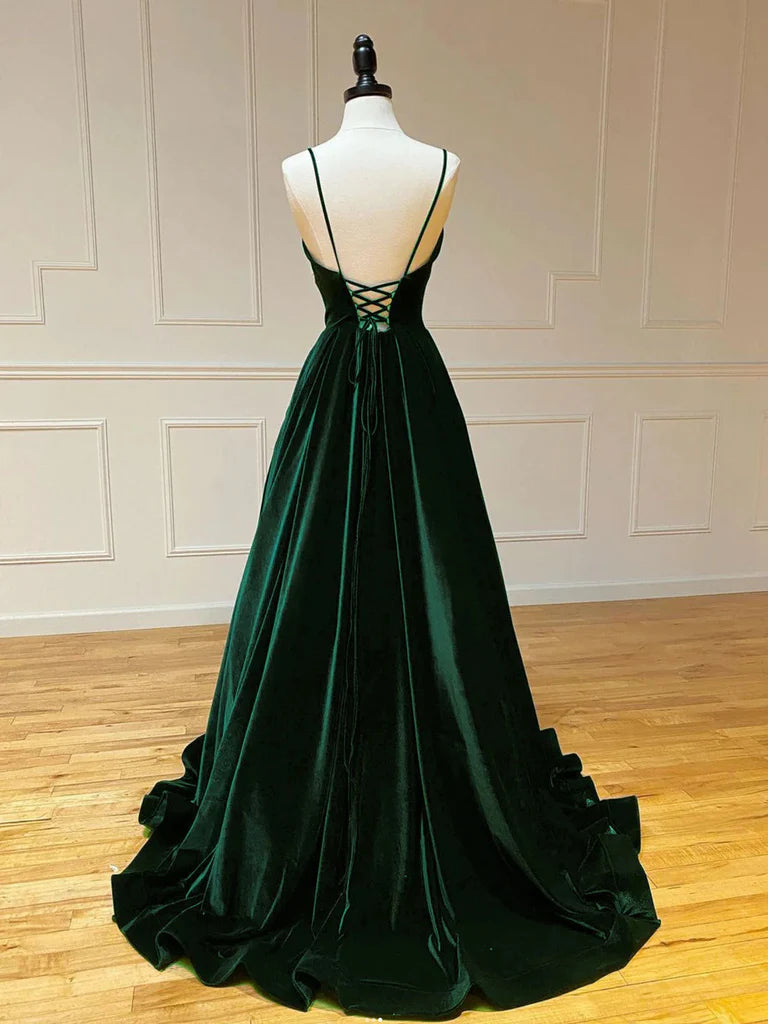 Full view of a dark velvet A-line V-neck long formal dress.