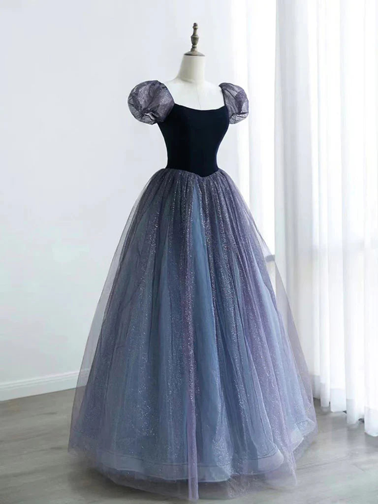 Elegant A-line V-neck velvet and tulle long prom dress.