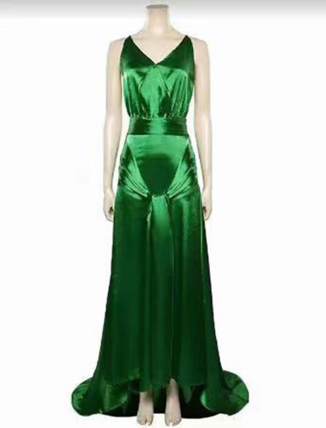 Elegant A-line V-neck satin party dress with ruched details and a sweep train.