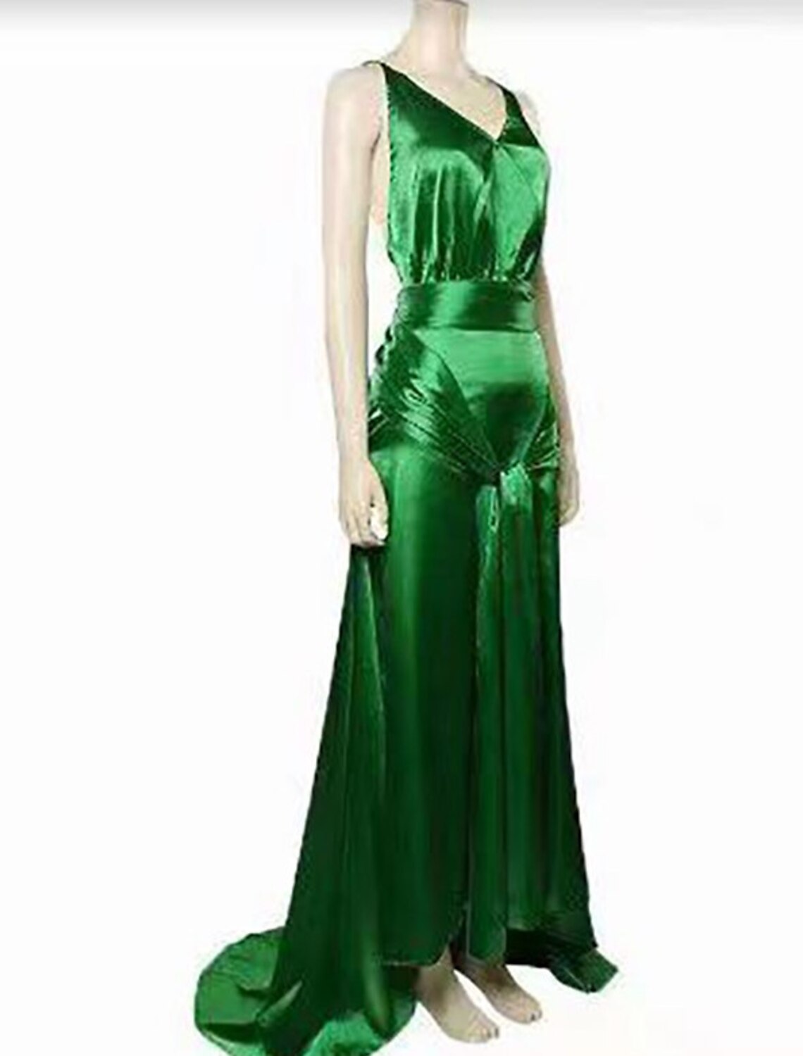 Back view of a sleeveless A-line satin dress showing the backless design.