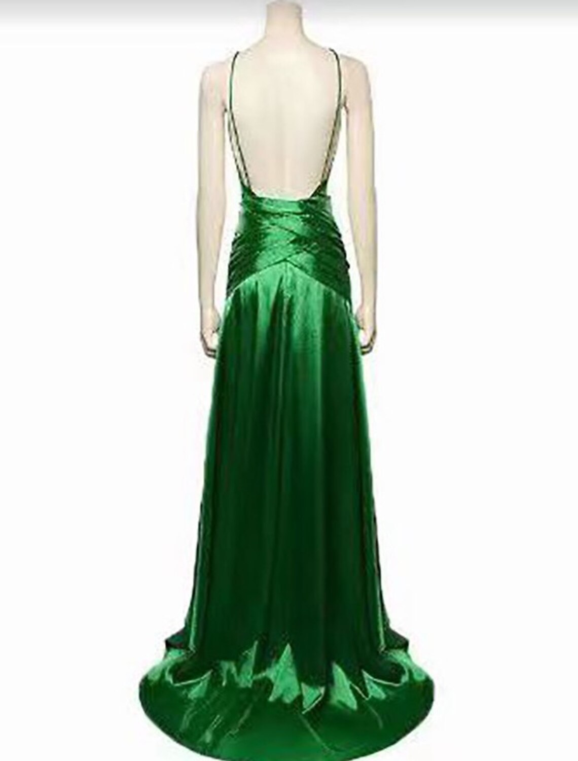 Side view of a vintage A-line party dress highlighting the sweep train.