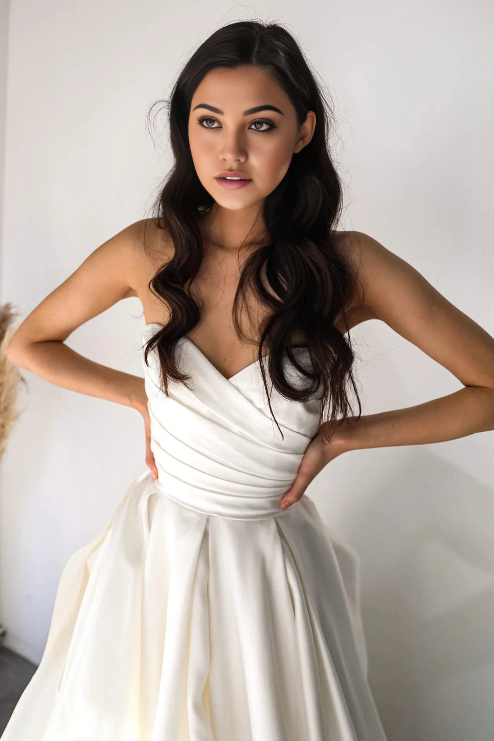 Close-up of the V-neckline and bodice details of the white wedding dress.