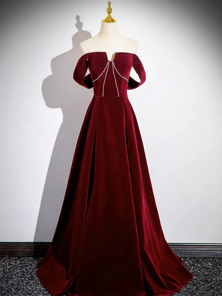 Elegant A-line velvet long prom dress in burgundy.