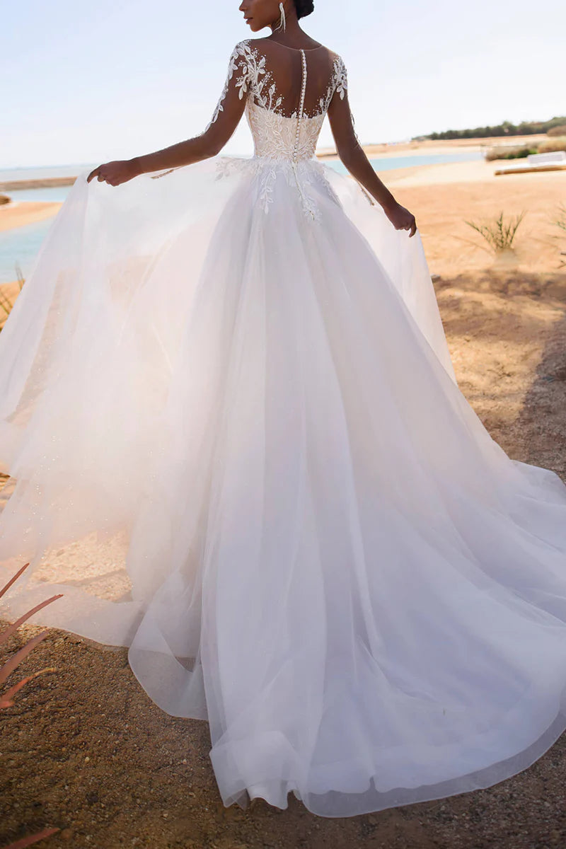 Full view of the elegant A-Line bridal gown.