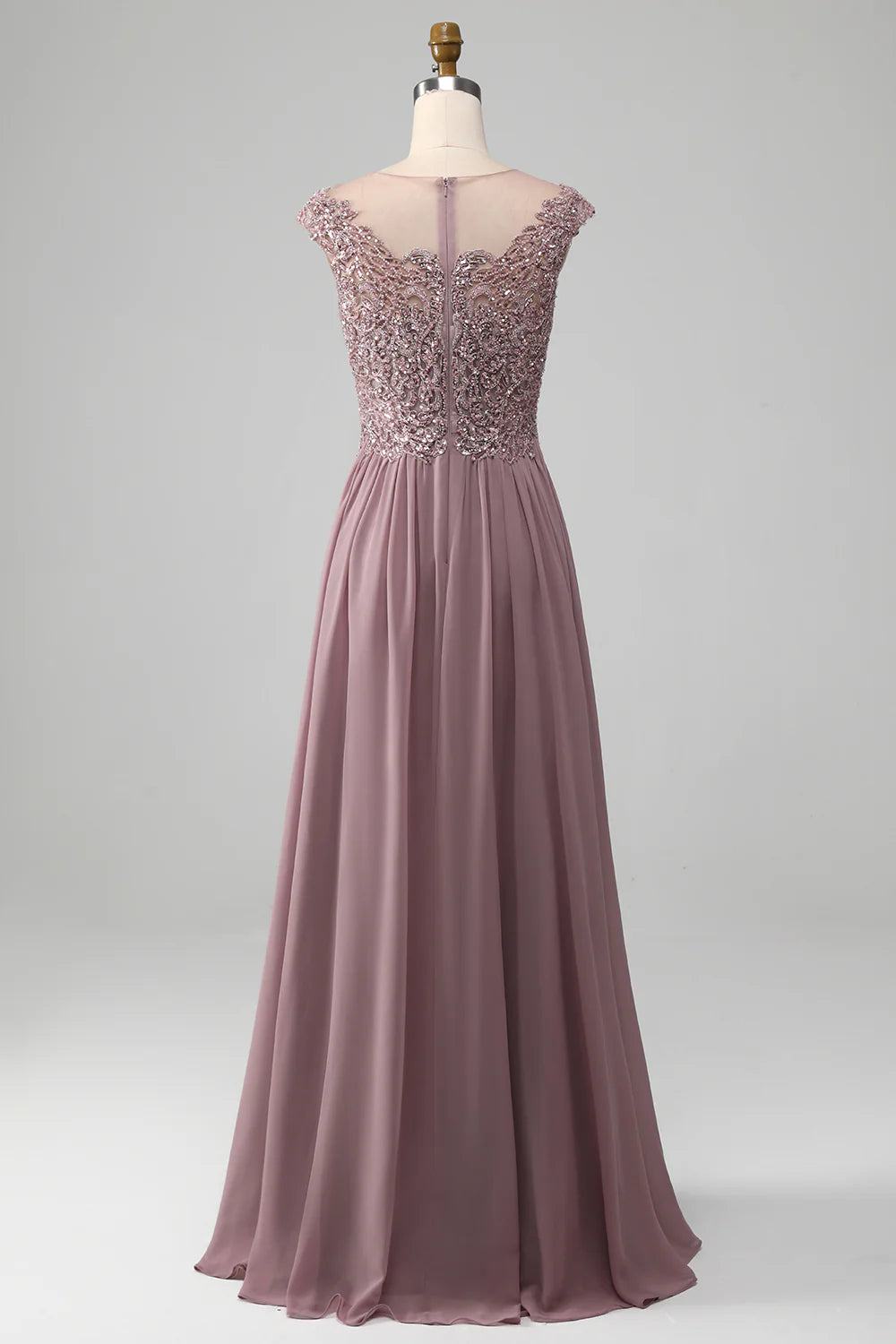 Close-up of the beaded detail on the chiffon A-line dress.
