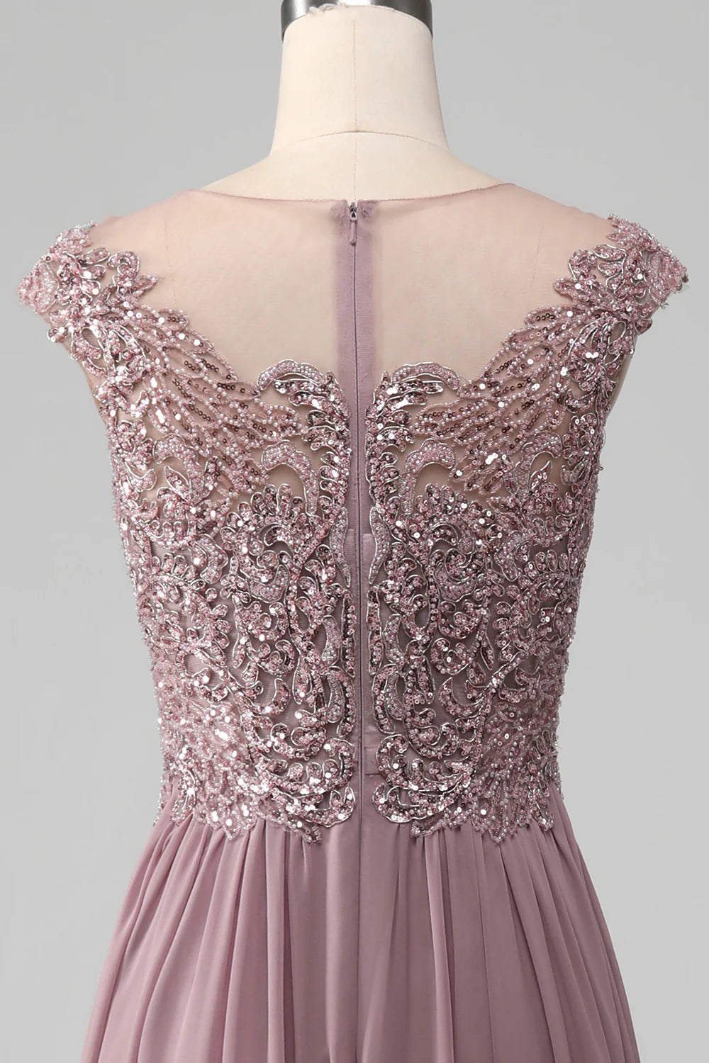 Full length view of the A-line chiffon gown, showcasing its elegant drape.