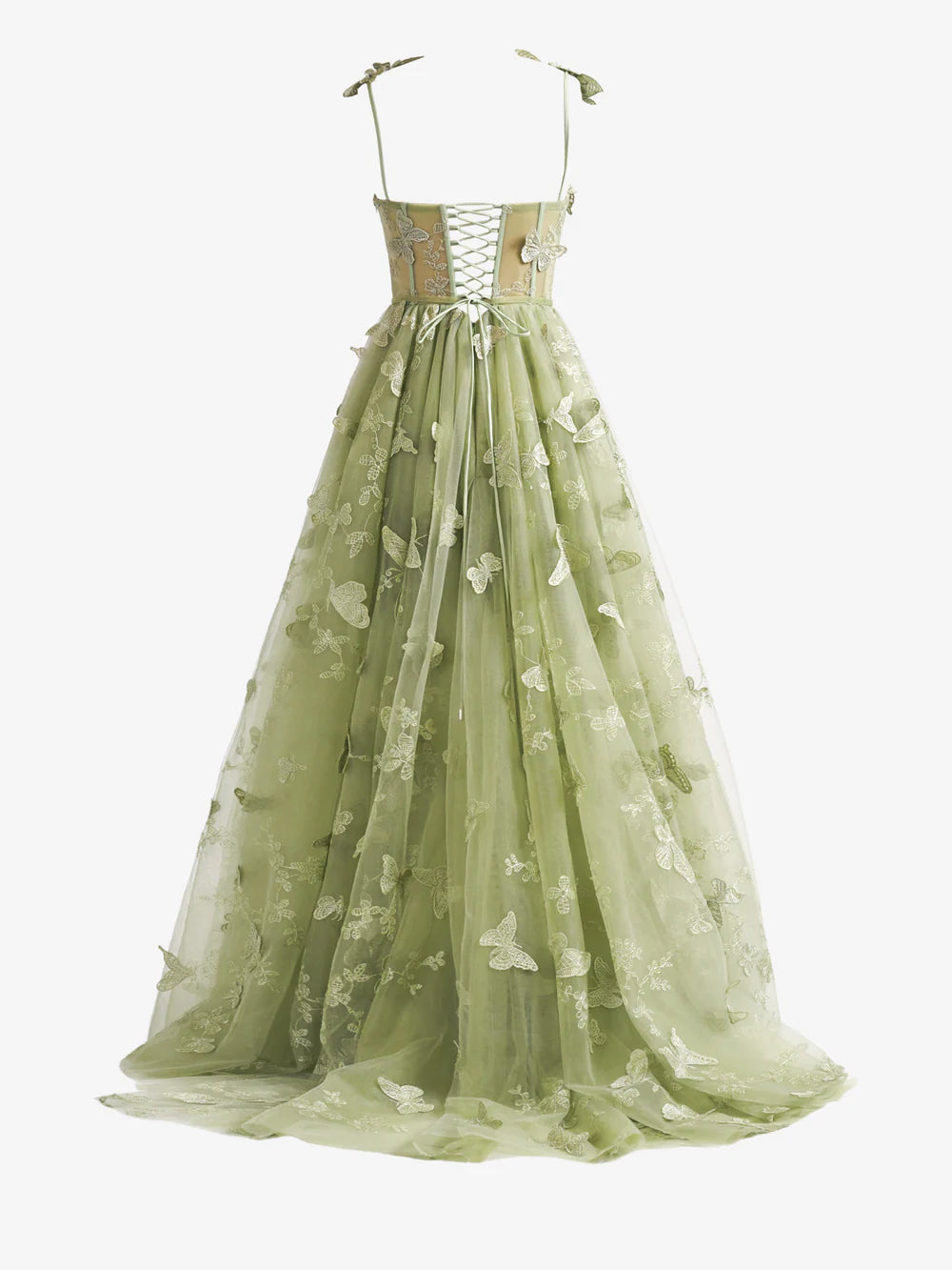 Side view of lilac A-line prom dress showcasing the high slit and lace details.