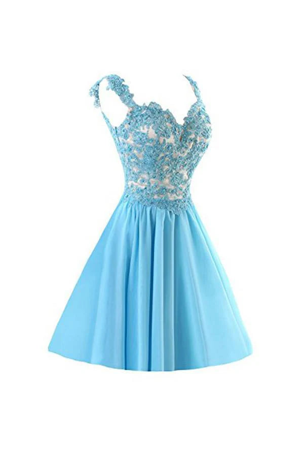 Detailed view of the applique on a short A-line homecoming dress.