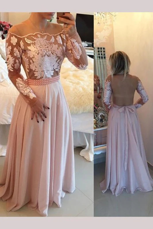 Elegant A-line chiffon prom dress with intricate appliques and beading.