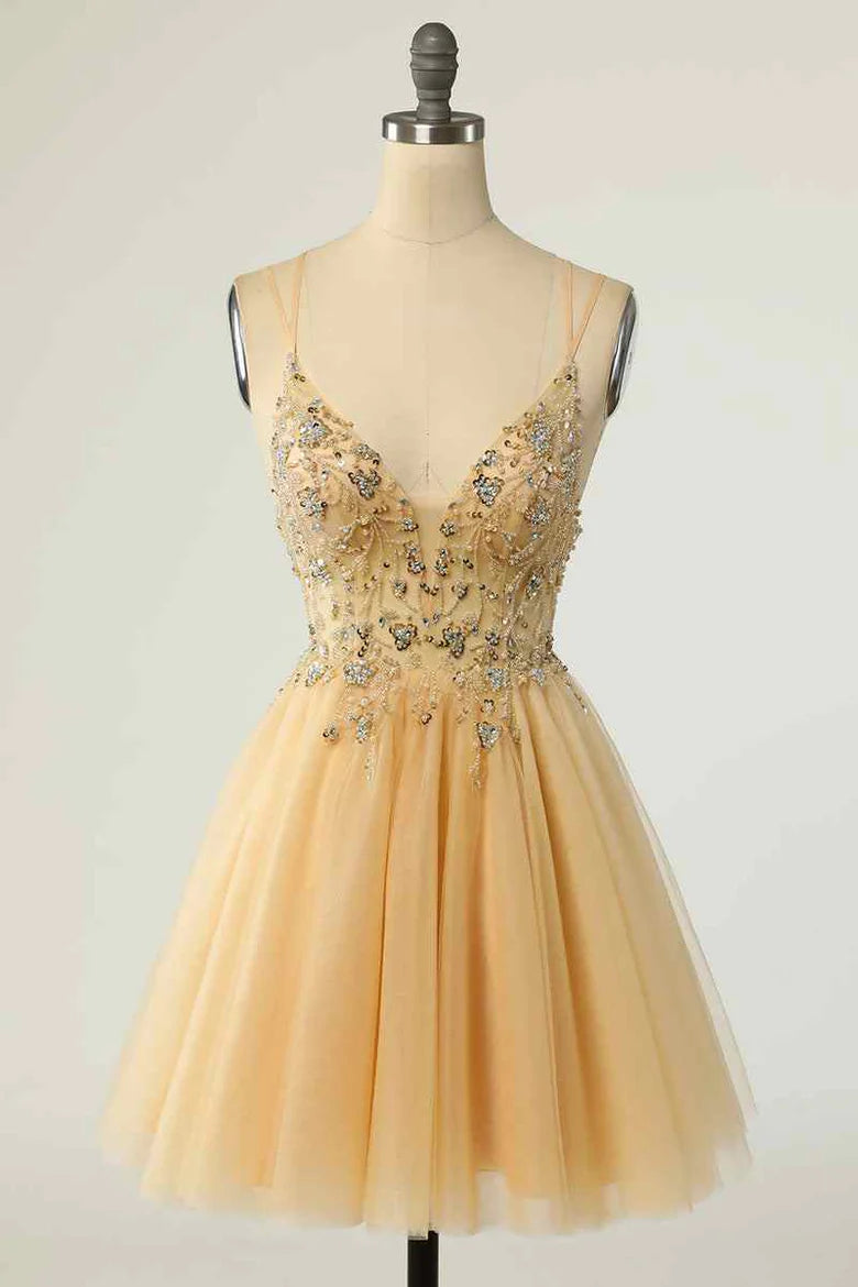 A-line Deep V Neck Beading Homecoming Dress.