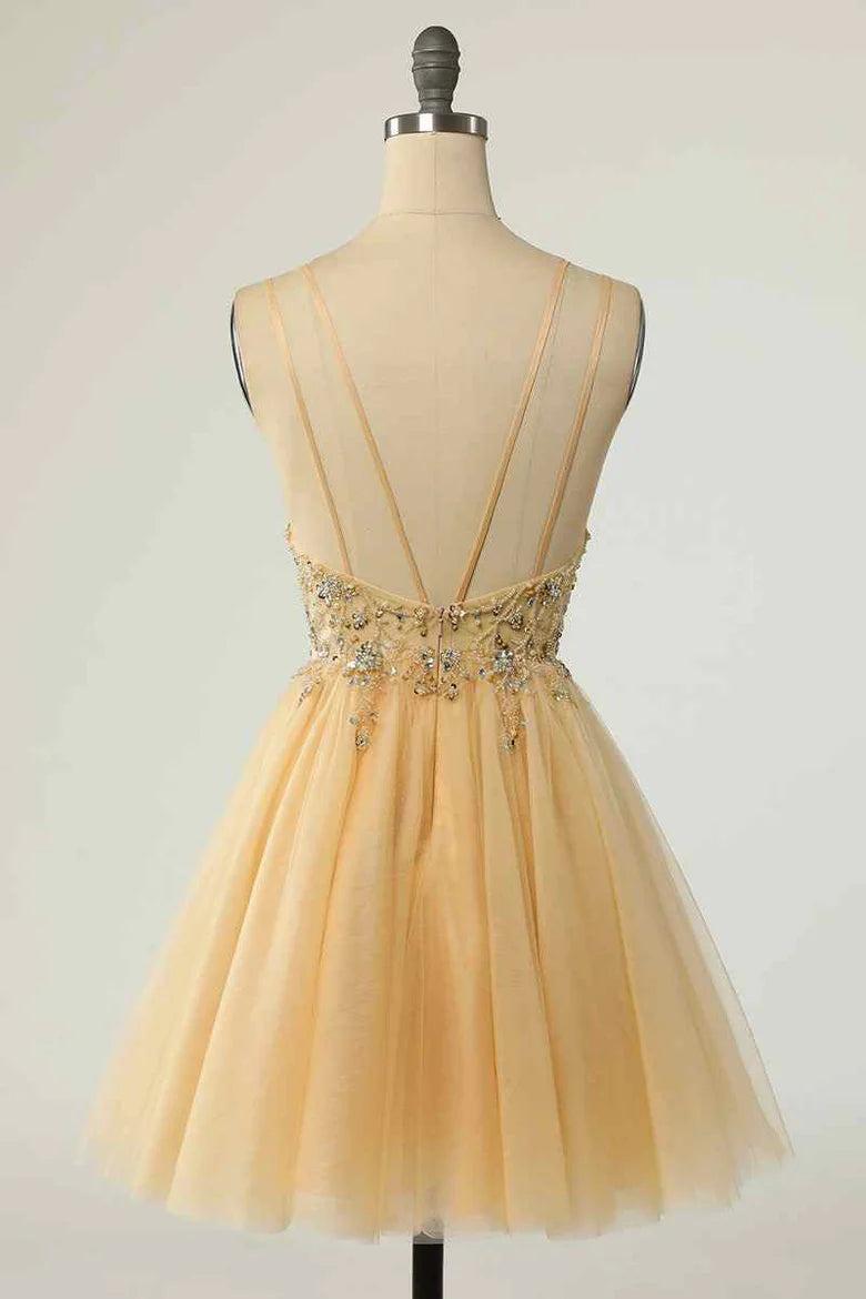 Back view of A-line Deep V Neck Beading Homecoming Dress.