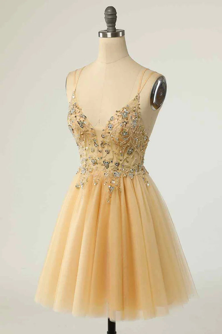Side view of A-line Deep V Neck Beading Homecoming Dress.