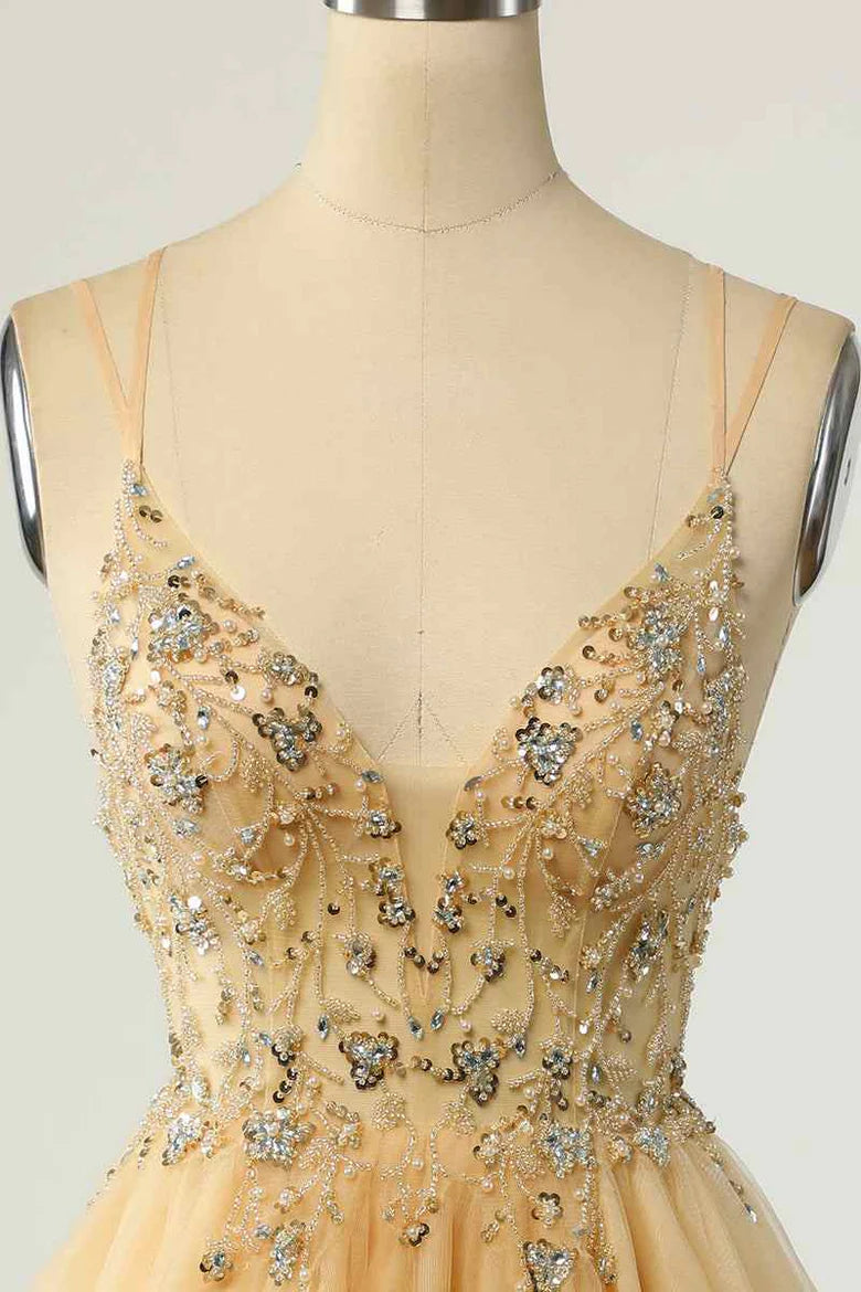 Close-up of beading on Deep V Neck Homecoming Dress.