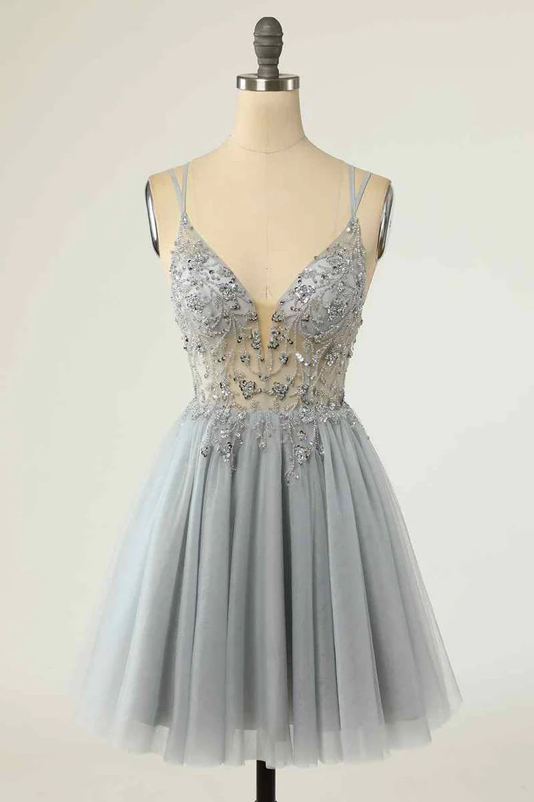 Model wearing A-line Deep V Neck Beading Homecoming Dress.