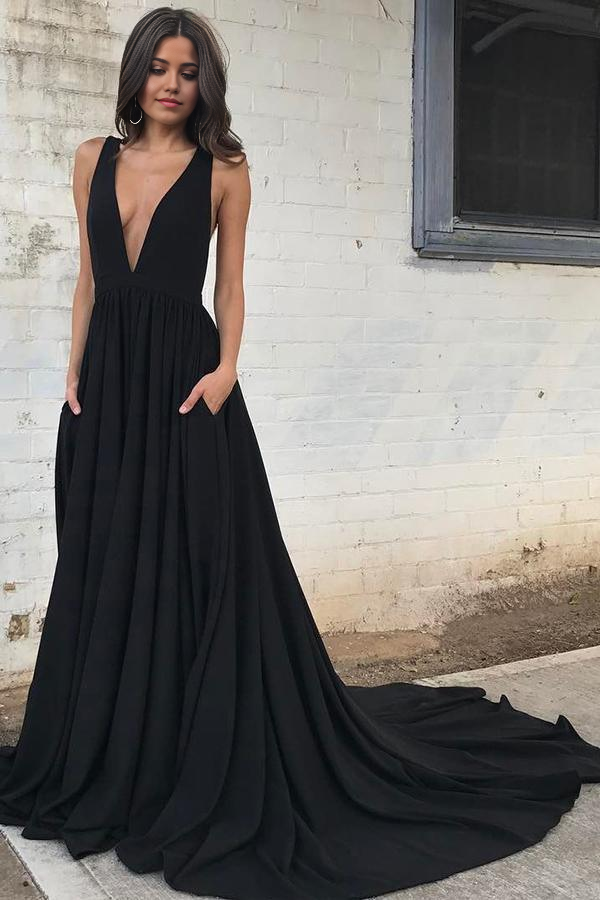 Black A-line deep V-neck chiffon backless long prom dress.