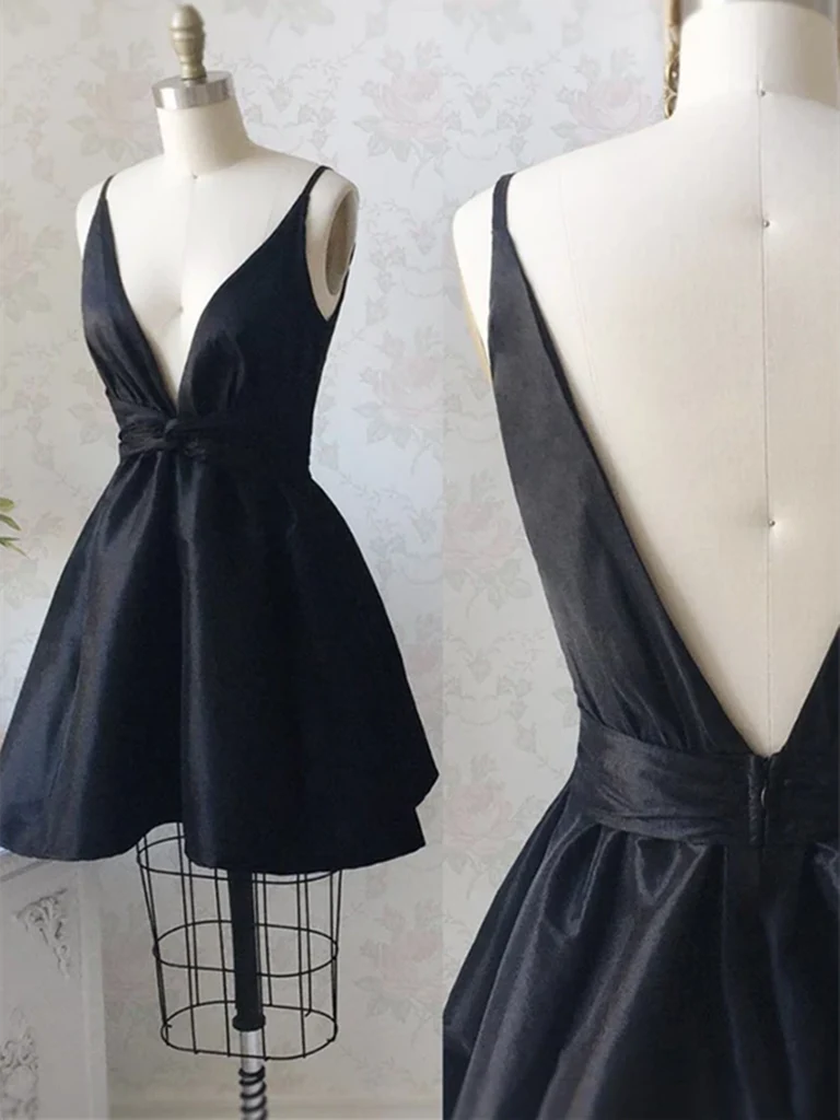 Elegant A-line deep V-neck satin short dress for prom or homecoming.