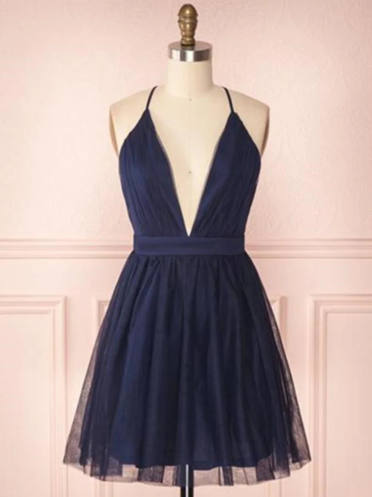 Elegant A-line deep V-neck short dress for prom or homecoming.