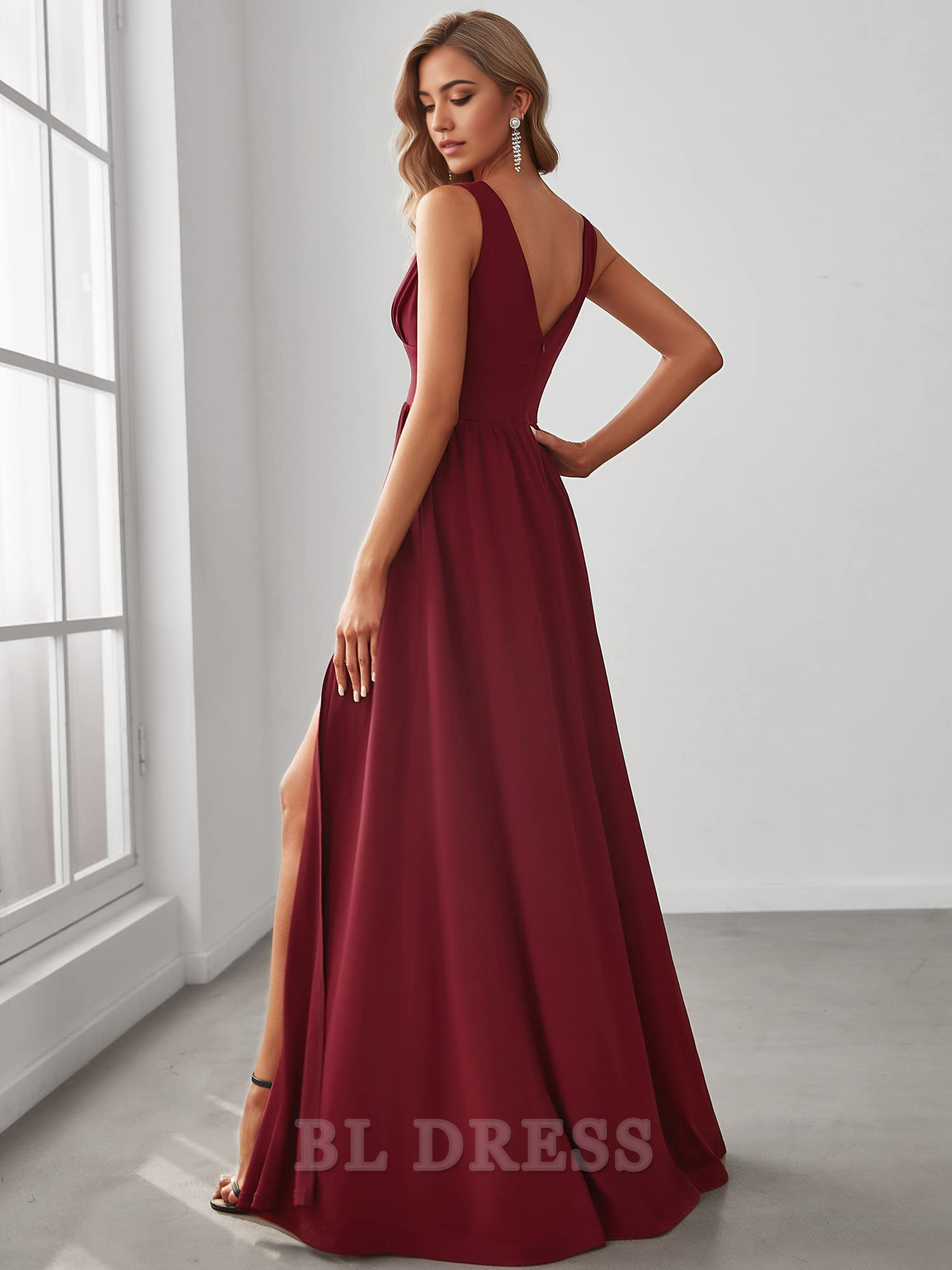 A-line deep V-neck formal dress, another view.