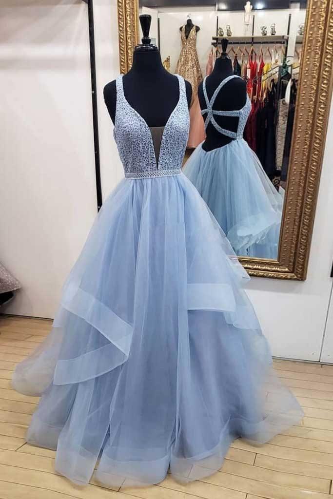 Elegant A-line deep V-neck tulle prom dress.