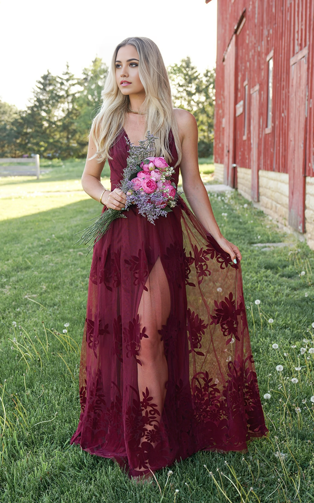 Back view of the A-line deep V spaghetti strap prom dress.