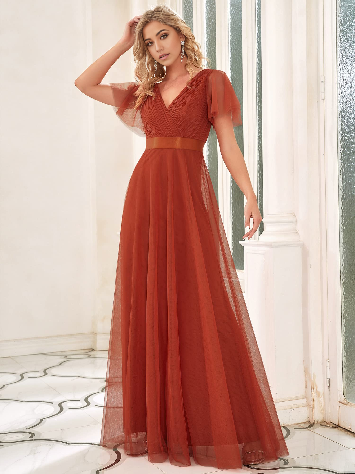 Elegant A-line double V-neck tulle dress, full front view.