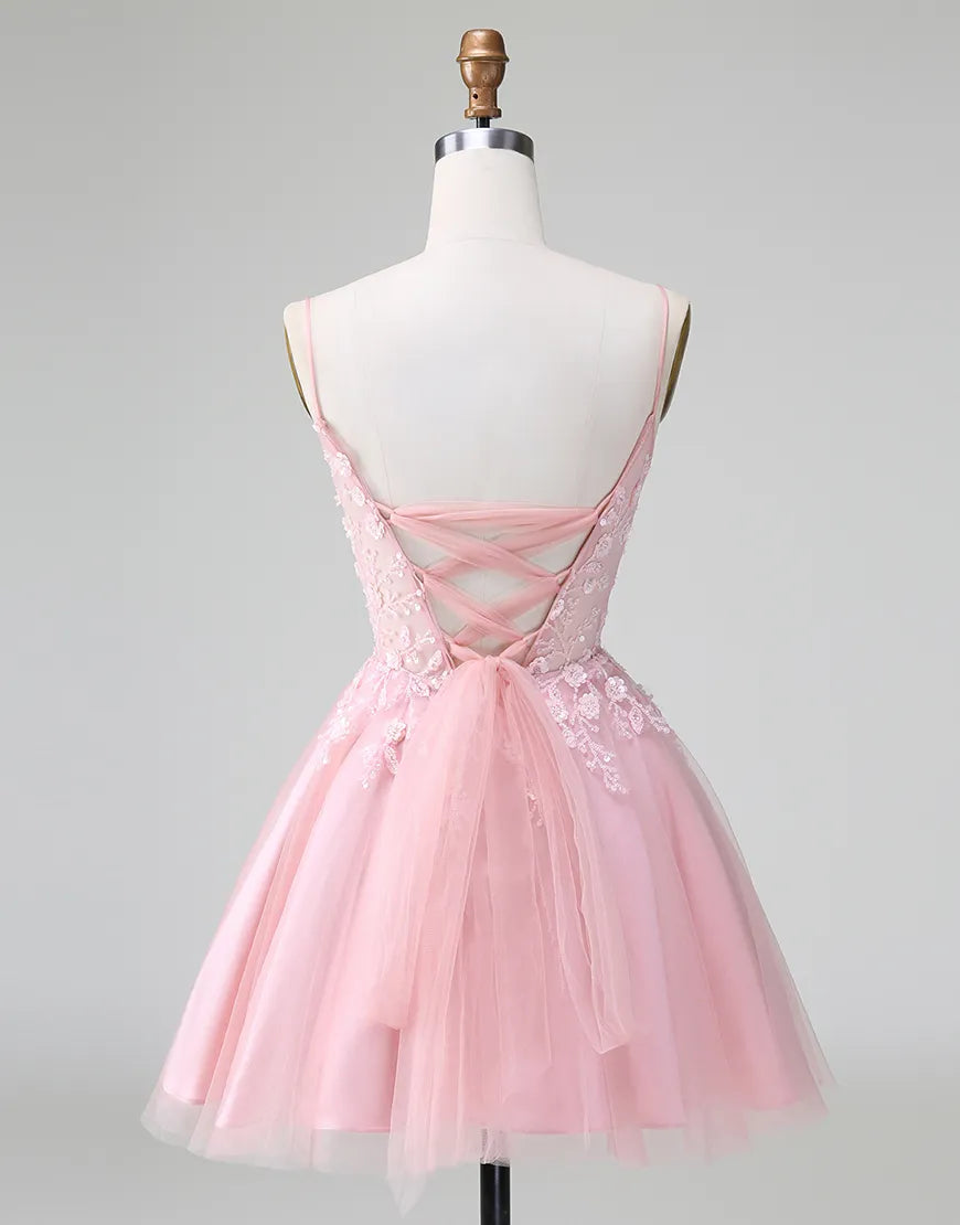 Back view of a sparkling A-line glitter floral formal dress.