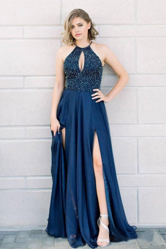 Elegant A-line halter beaded navy blue long prom dress with a high split.