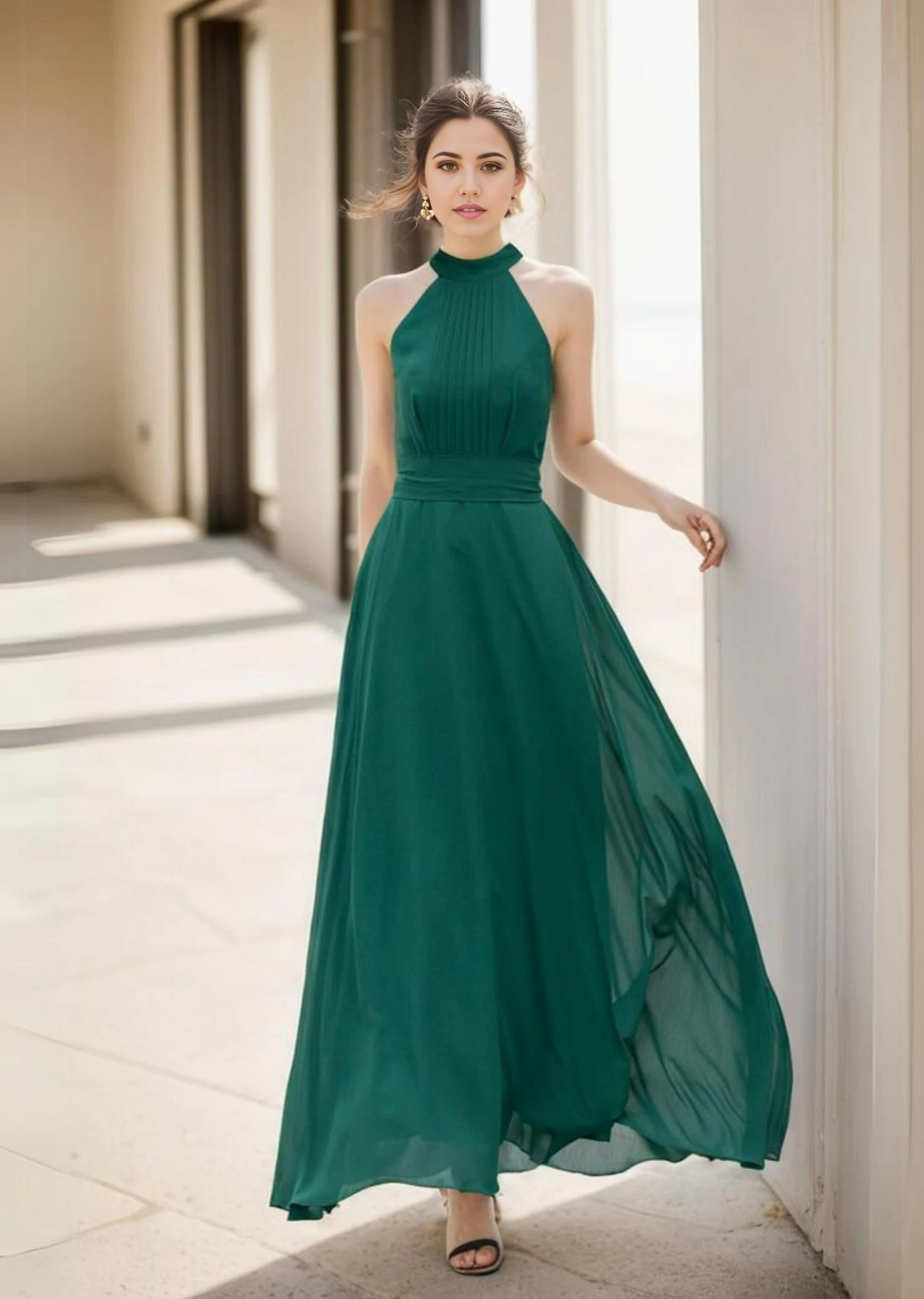 Close-up of the halter neckline and bodice of the chiffon dress.