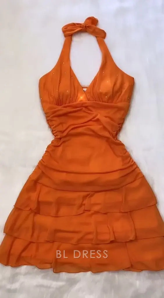Elegant A-line halter orange dress for special occasions.
